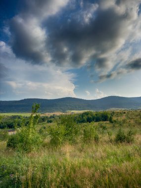 Bulutlu havada Karpat Dağları 'nın manzarası. Yaz mevsiminde hava çok güzel.