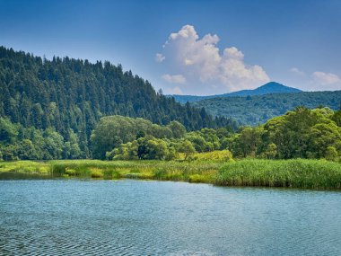 Bulutlu havada Karpat Dağları 'nın manzarası. Yaz mevsiminde hava çok güzel.