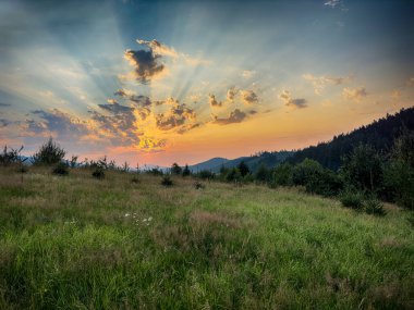 Yaz mevsiminde gün batımında Karpatlar 'ın muhteşem manzara manzarası 