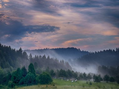Yaz mevsiminde gün batımında Karpatlar 'ın muhteşem manzara manzarası 