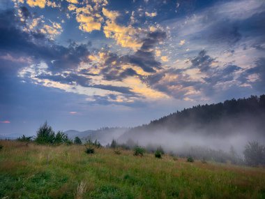 Yaz mevsiminde gün batımında Karpatlar 'ın muhteşem manzara manzarası 