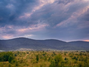 Yaz mevsiminde gün batımında Karpatlar 'ın muhteşem manzara manzarası 