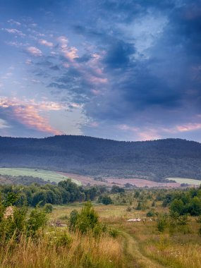Yaz mevsiminde gün batımında Karpatlar 'ın muhteşem manzara manzarası 