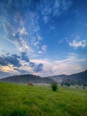 Yaz mevsiminde gün batımında Karpatlar 'ın muhteşem manzara manzarası 