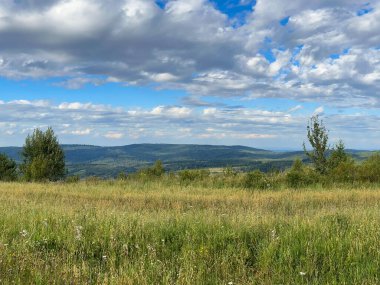 Bulutlu havada Karpat Dağları 'nın manzarası. Yaz mevsiminde hava çok güzel.