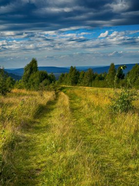 Bulutlu havada Karpat Dağları 'nın manzarası. Yaz mevsiminde hava çok güzel.