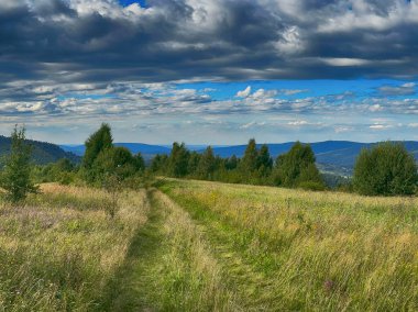 Bulutlu havada Karpat Dağları 'nın manzarası. Yaz mevsiminde hava çok güzel.