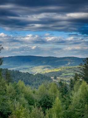 Bulutlu havada Karpat Dağları 'nın manzarası. Yaz mevsiminde hava çok güzel.