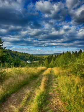 Bulutlu havada Karpat Dağları 'nın manzarası. Yaz mevsiminde hava çok güzel.