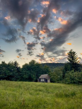Bulutlu havada Karpat Dağları 'nın manzarası. Yaz mevsiminde hava çok güzel.