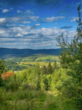 Bulutlu havada Karpat Dağları 'nın manzarası. Yaz mevsiminde hava çok güzel.