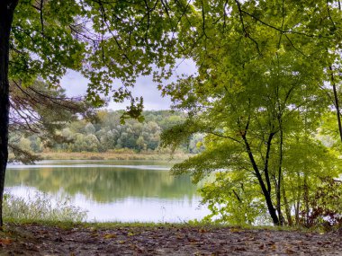 Serene Balıkçı Gölü: Gözlerden uzak bir gölün sakin sularında sakin bir manzara. Etrafı yemyeşil ve bulutlu bir gökyüzü ile çevrili bu resim, mükemmel bir günün özünü yakalar. 