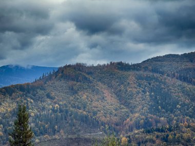 Bulutlu havada Karpat Dağları 'nın manzarası. Sonbahar mevsiminde hava mükemmel.