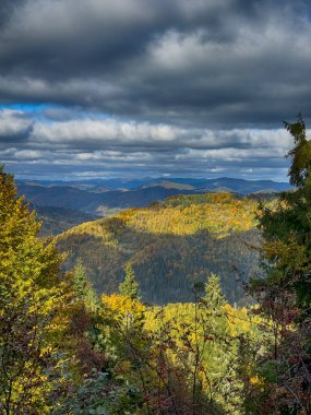 Güneşli havada Karpat Dağları 'nın manzarası. Sonbahar mevsiminde hava mükemmel.