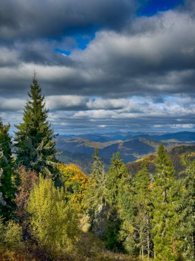 Güneşli havada Karpat Dağları 'nın manzarası. Sonbahar mevsiminde hava mükemmel.