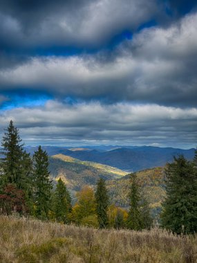 Güneşli havada Karpat Dağları 'nın manzarası. Sonbahar mevsiminde hava mükemmel.
