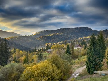 Güneşli havada Karpat Dağları 'nın manzarası. Sonbahar mevsiminde hava mükemmel.