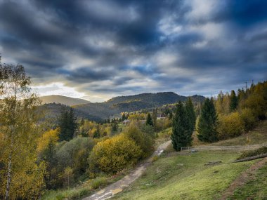 Güneşli havada Karpat Dağları 'nın manzarası. Sonbahar mevsiminde hava mükemmel.