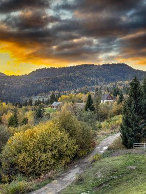 Güneşli havada Karpat Dağları 'nın manzarası. Sonbahar mevsiminde hava mükemmel.