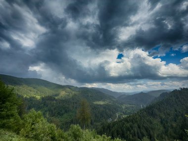 Karpat Dağları 'nın karamsar bir günde bulutlarla kaplı manzarası