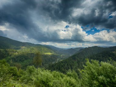 Karpat Dağları 'nın karamsar bir günde bulutlarla kaplı manzarası