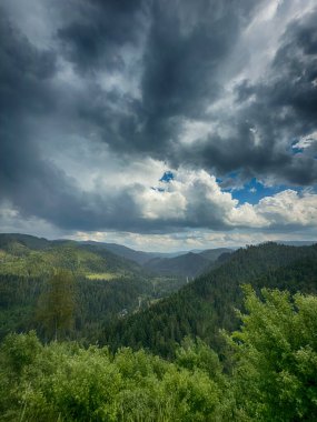 Karpat Dağları 'nın karamsar bir günde bulutlarla kaplı manzarası