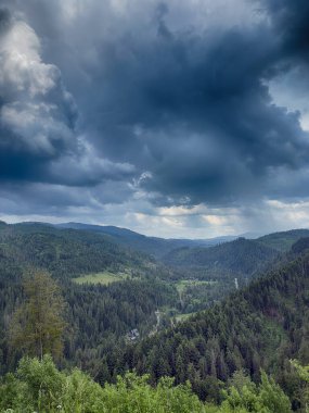 Karpat Dağları 'nın karamsar bir günde bulutlarla kaplı manzarası