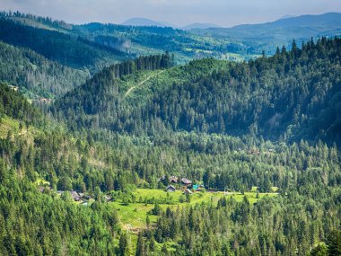Güneşli bir günde bulutlarla kaplı Karpat Dağlarının Manzarası
