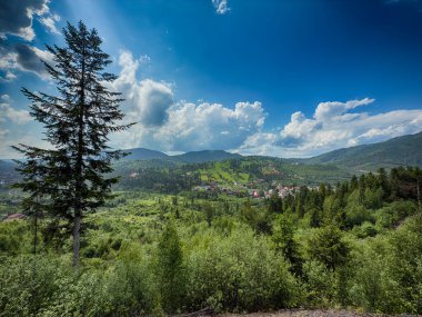 Güneşli bir günde bulutlarla kaplı Karpat Dağlarının Manzarası