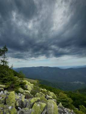 Kasvetli bir Karpatya manzarası, görkemli ve zamansız bulutlu gökyüzü altında.