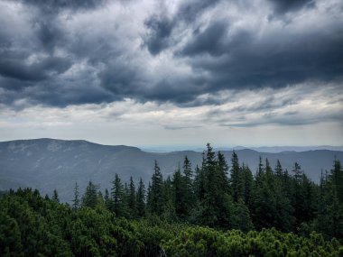 Kasvetli bir Karpatya manzarası, görkemli ve zamansız bulutlu gökyüzü altında.