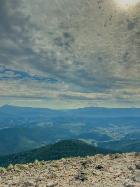Güneşli Karpat tepeleri: yeşil vadiler ve kristal berrak gökyüzü.