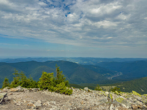 Sunny Carpathian peaks: green valleys and crystal clear skies.