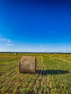 Gökyüzünde bulutlar olan güneşli bir arazide saman balyaları. Saman ruloları ve mavi gökyüzü ile yaz kırsal arazisi