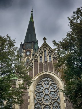 Neo Gothic Polish cathedral Olga and Elizabeth in Lviv city spires under dramatic skies