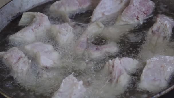 户外平底锅里的鱼肉热气腾腾 — 图库视频影像
