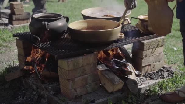 Άνθρωπος Μαγειρεύει Φαγητό Εξωτερικό Χώρο Στη Φωτιά Από Ξύλο Royalty Free Βίντεο Αρχείου