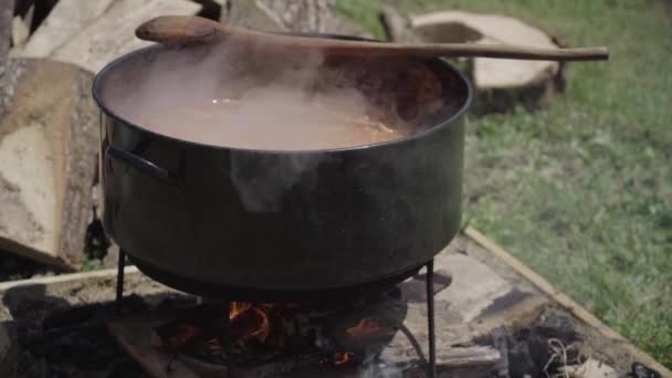 自然の中で沸騰する大きな食品カルドロン ロイヤリティフリーストック映像