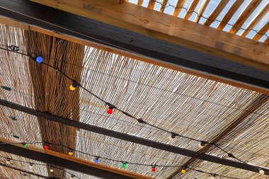 Terasta bambu köpek ve renkli ampuller.