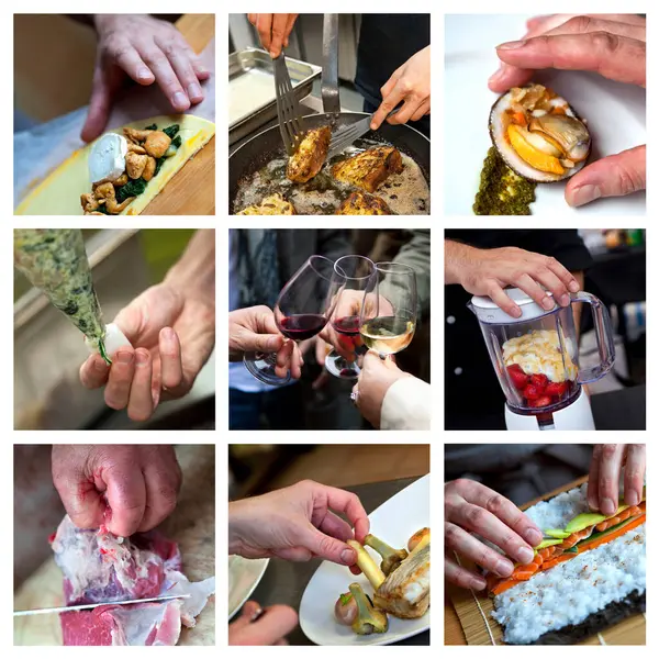Mãos Cozinhando Vários Pratos Sobremesas — Fotografia de Stock