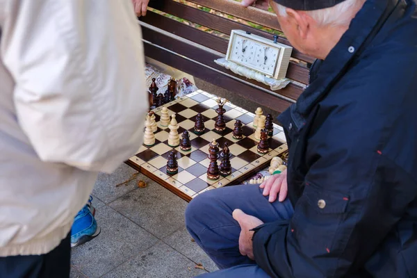 Old People Play Chess Park Lviv High Quality Photo — Stock Photo, Image