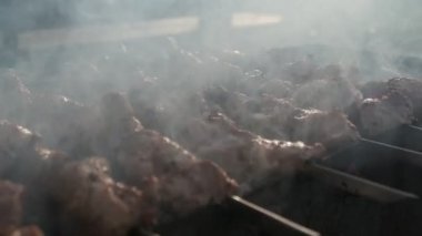 Izgarada ızgara tüttürüyorum. Yavaş video. Yüksek kaliteli FullHD görüntüler