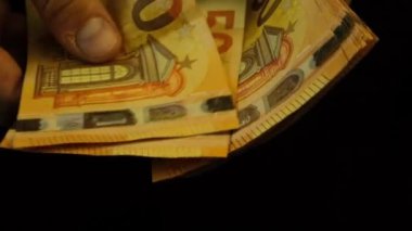 Bir adam 50 avroluk banknotları sayıyor, yakın plan, yavaşlatılmış. Yüksek kaliteli FullHD görüntüler
