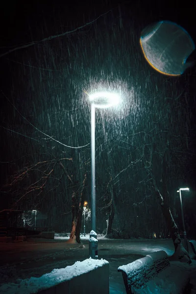 Street Lamp Shines Snow Covered Park Night High Quality Photo — Stock Photo, Image