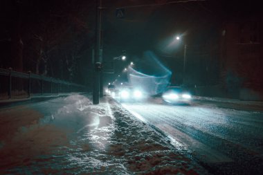 Geceleri karla kaplı bir parkta sokak lambası parlıyor. Yüksek kalite fotoğraf
