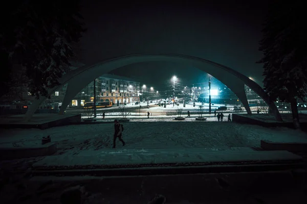 Réverbère Brille Dans Parc Enneigé Nuit Photo Haute Qualité — Photo