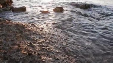 Kızıl deniz üzerinde gün doğumu, taşlar ve dalgalar, yavaş çekim videosu. Yüksek kaliteli FullHD görüntüler