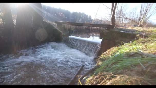 Small Waterfall Small Bridge Planks Mountain River Sunrise6 Water Noise — Vídeos de Stock