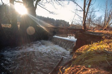Küçük bir şelale ve dağ nehri üzerinde bir köprü. Güneş ışıl ışıl parlıyor. Yüksek kalite fotoğraf
