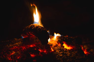 Kamp ateşine yakın çekim. Geceleri alevler ve közler. Sıcak ve samimi bir ortam yaratıyor..